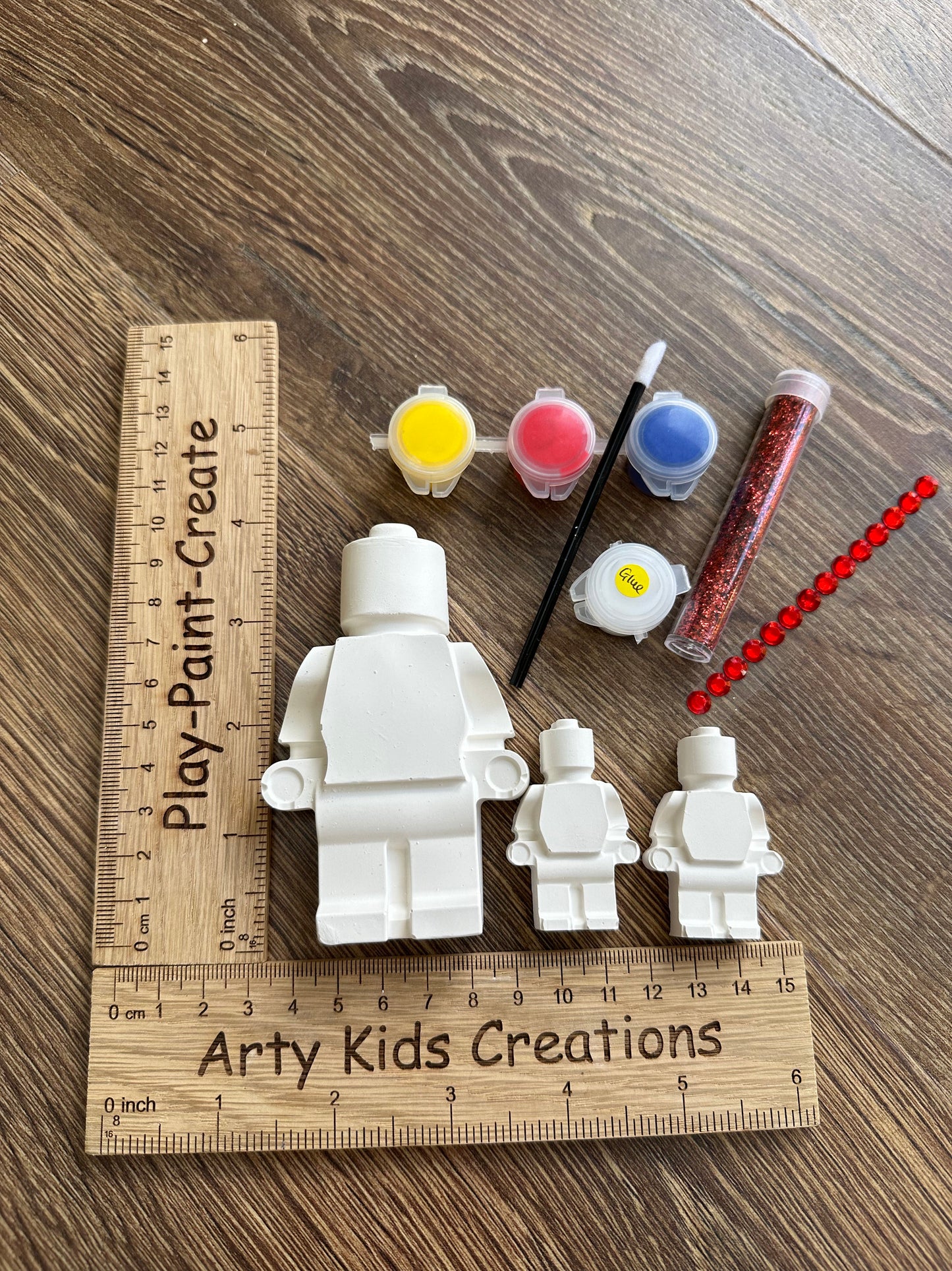 Paint your own Lego man/ brick man set. Kids craft party favours, gift, stocking filler, present, birthday, craft set