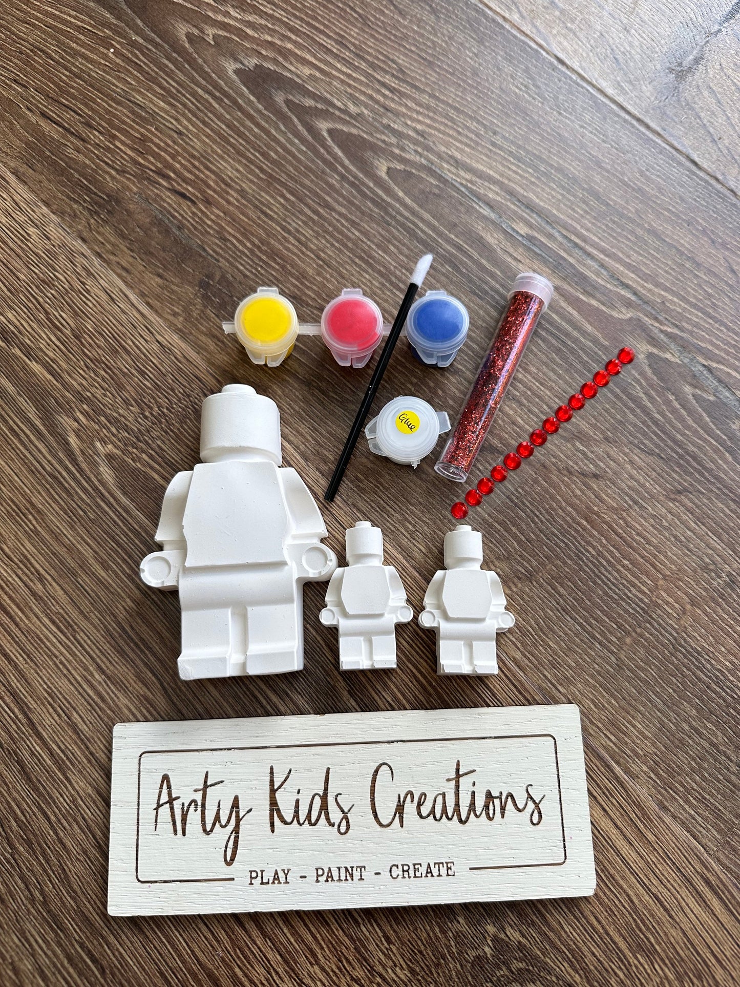 Paint your own Lego man/ brick man set. Kids craft party favours, gift, stocking filler, present, birthday, craft set