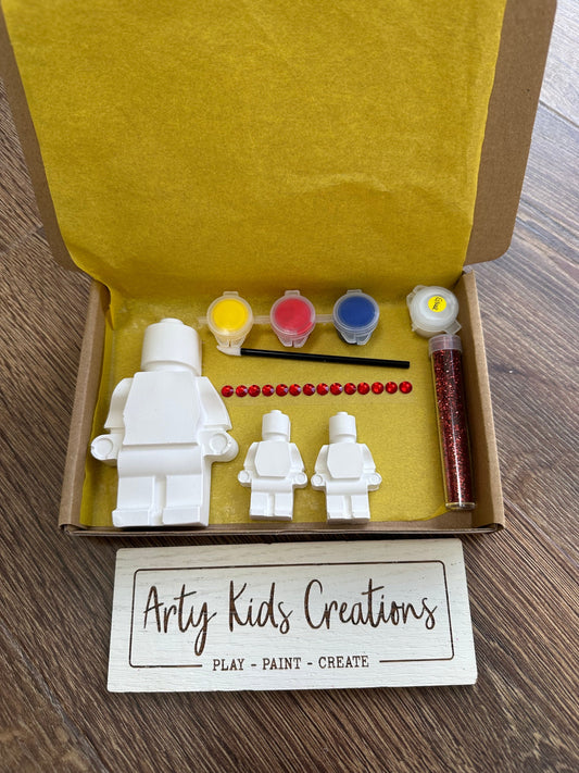 Paint your own Lego man/ brick man set. Kids craft party favours, gift, stocking filler, present, birthday, craft set