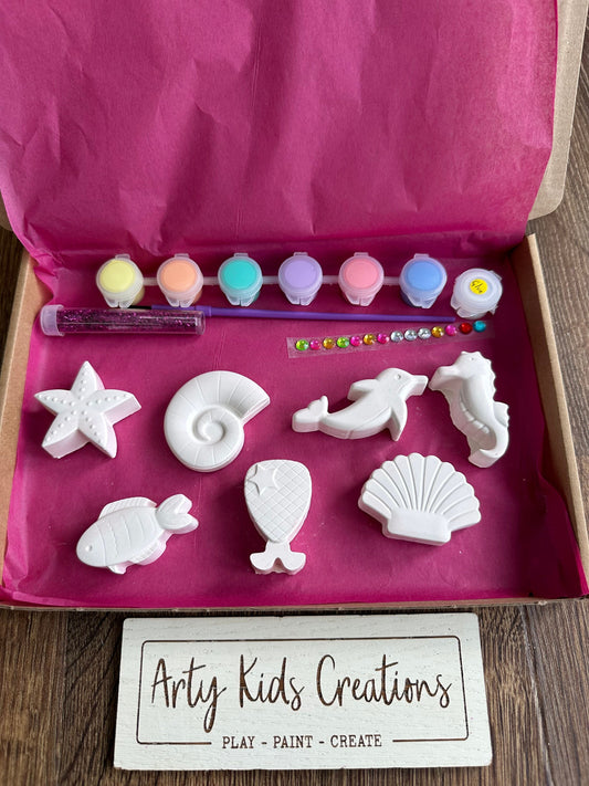 Paint your own seaside set - under the sea, beach, starfish, shell, jellyfish, dolphin, fish, seahorse, Stocking filler, birthday, gift,